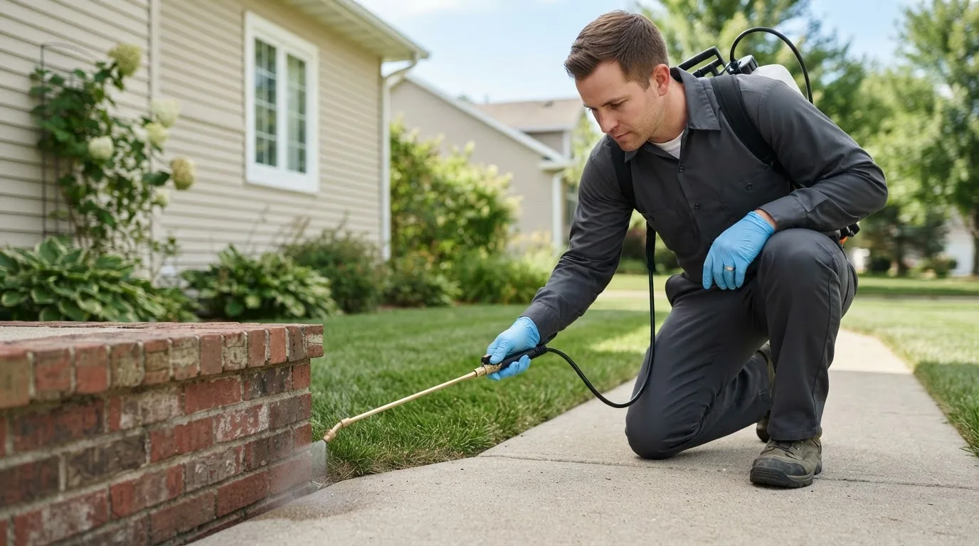 Pest control technician treating a home near Swanton, VT